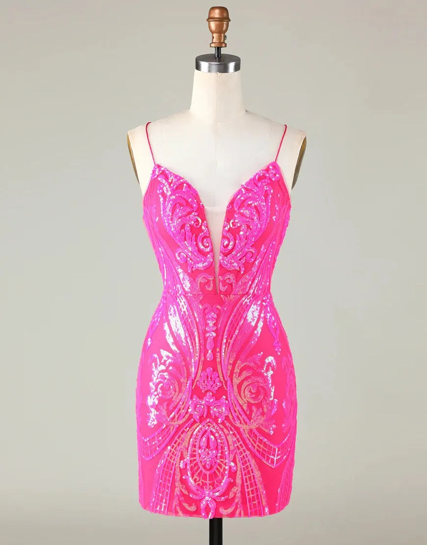 Sparkly Spaghetti Straps Tight Sequins Homecoming Dress